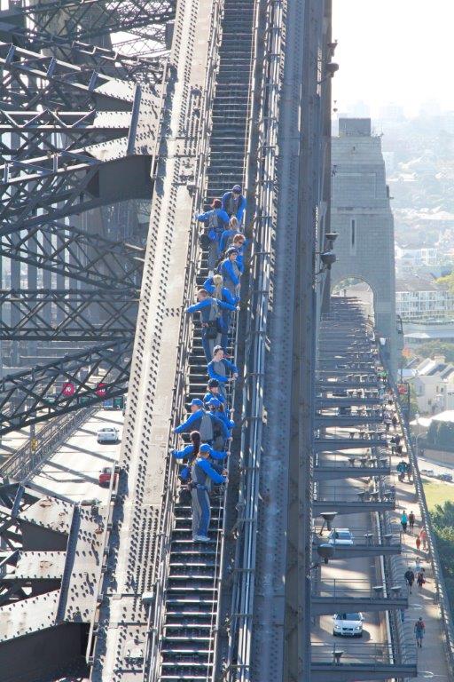 View of the Sydney Harbour Bridge Climb from the Pylon Lookout - note the lower view of both the roadway and the walkway across the Sydney Harbour Bridge