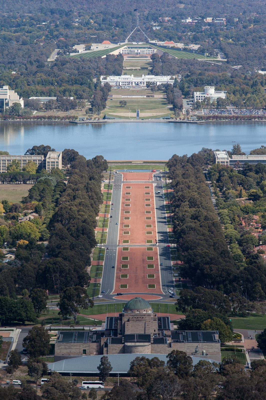 View from the Mt Ainslie Lookout over the Australian War Memorial, Anzac Parade, Lake Burley Griffin and Parliament House