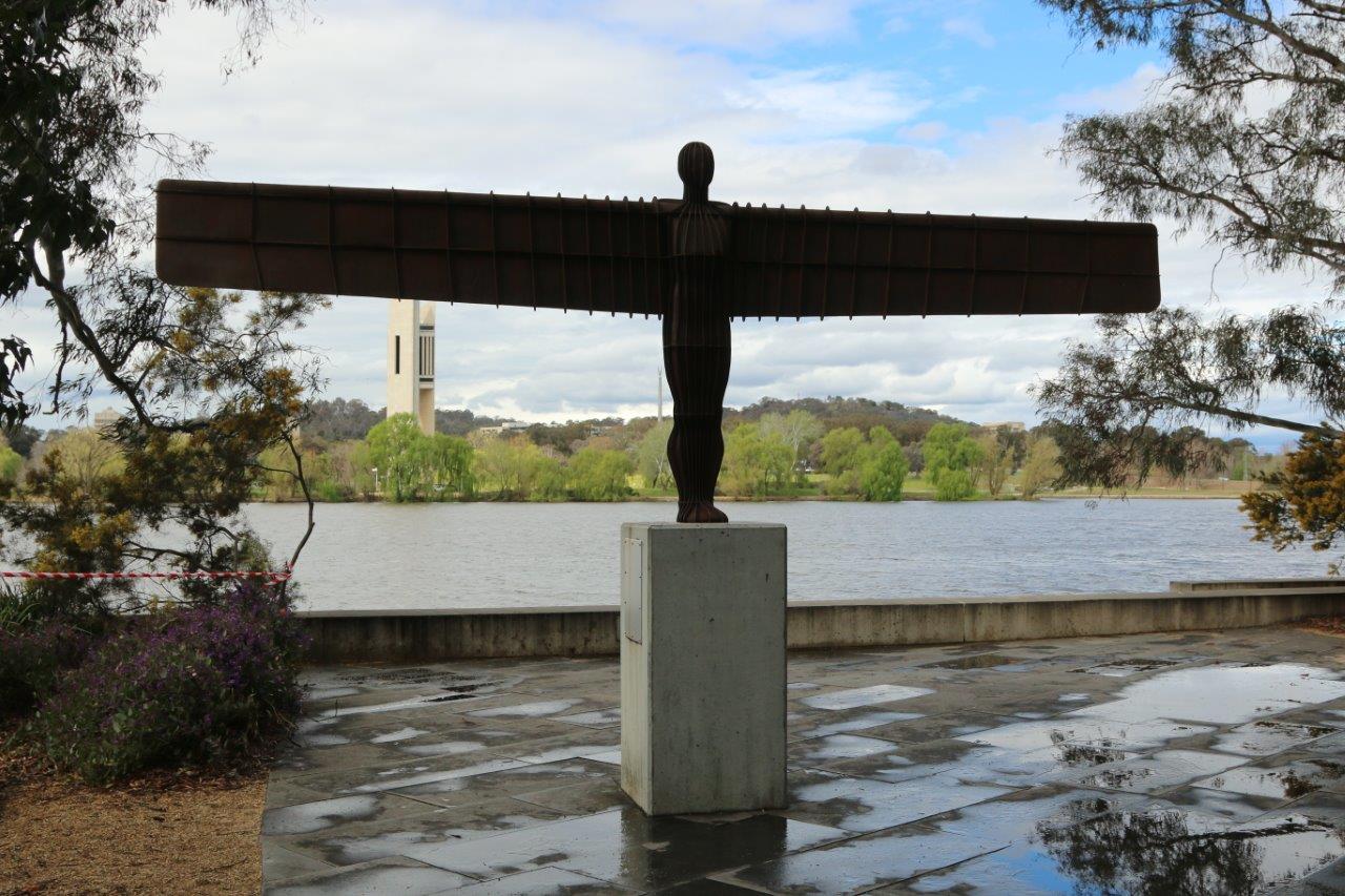 The view from the Sculpture garden over Lake Burley Griffin and the Carillon in Canberra Australia