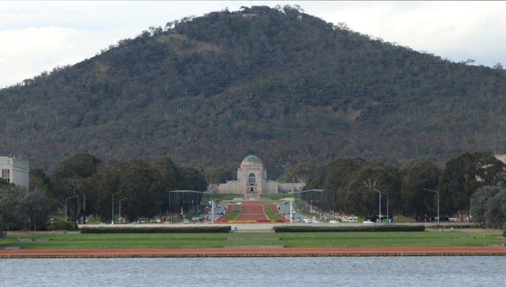 View of the Australian War Memorial across Lake Burley Griffin in Canberra Australia