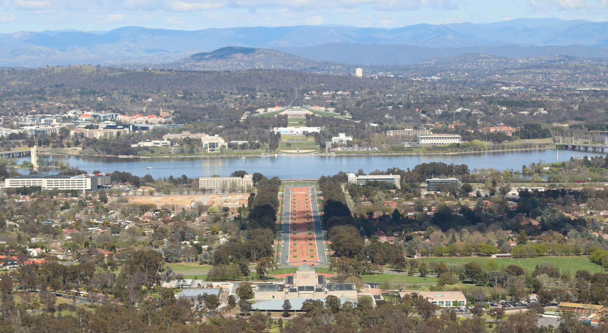 Via from Mt Ainslie over Canberra, with the Australian War Memorial and Parliment House