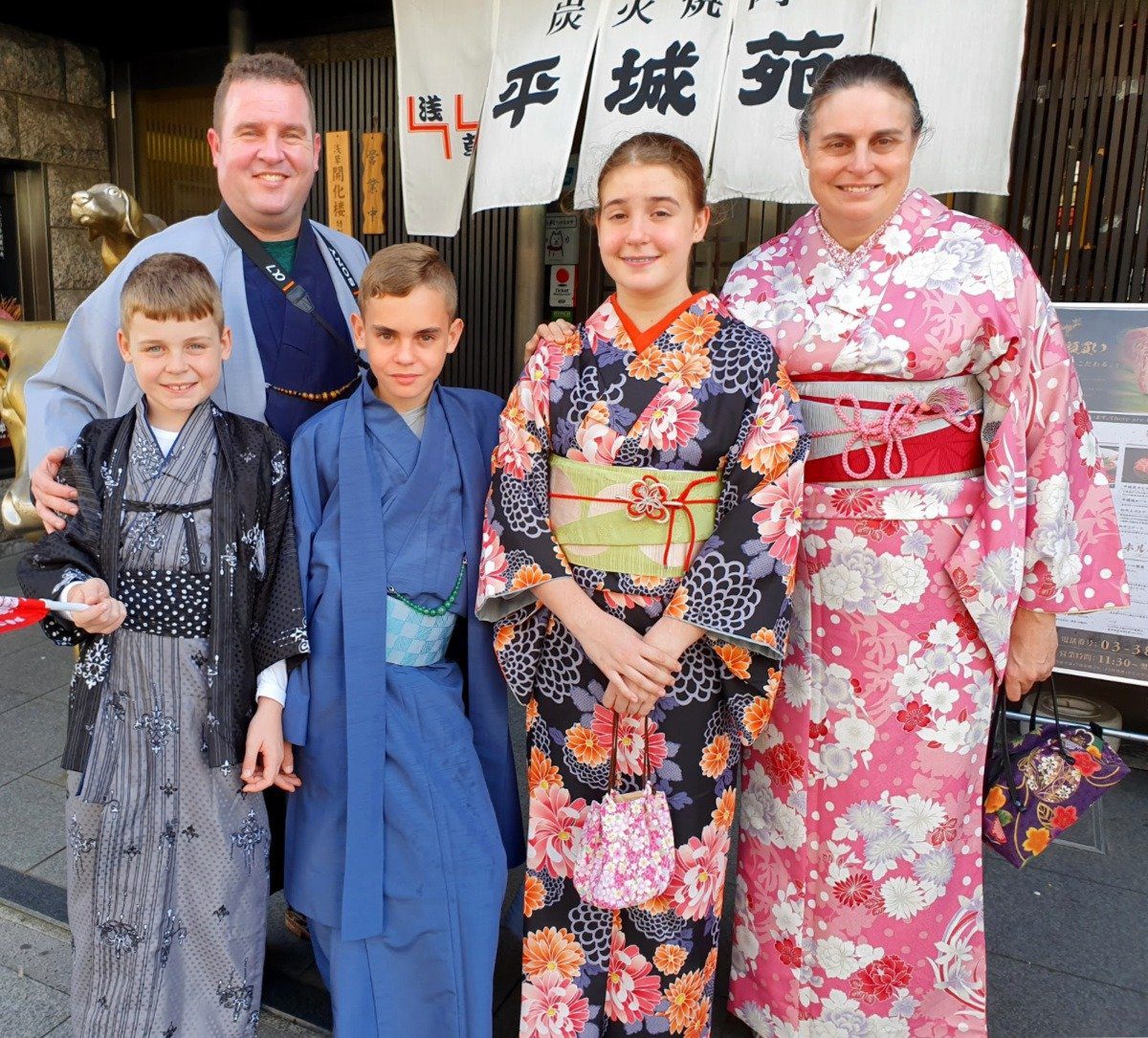 Our family dressed in kimonos in Asakusa!