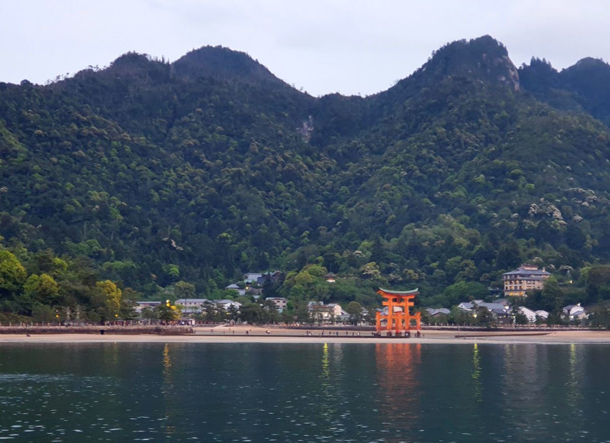 First Glimpse of the Floating Torii Gate on Miyajima Island from the JR Ferry