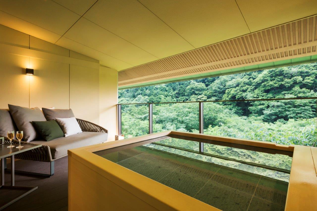 Hoshino Resorts KAI Hakone Western style room with outdoor bath and River View