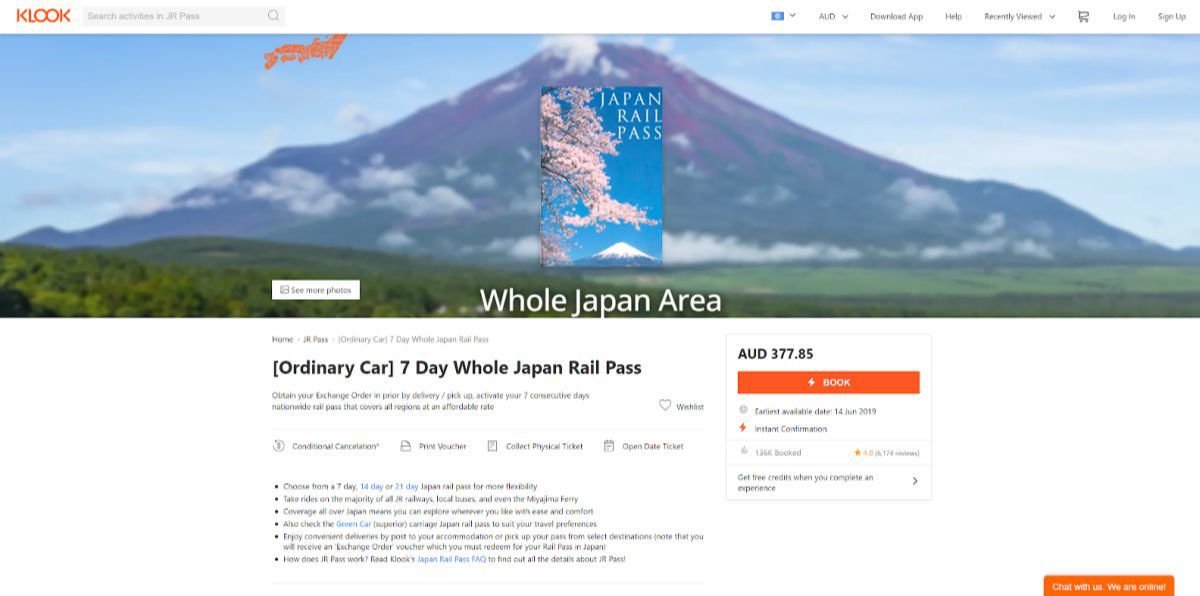 Klook JR Pass 7 Day Order Page